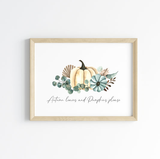 Autumn leaves and pumpkins please teal, cream pumpkin arrangement seasonal unframed wall art poster print