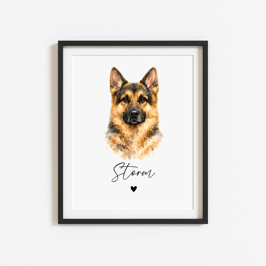 Personalised German Shepherd Dog Print Custom Name Pet portrait watercolour unframed wall art