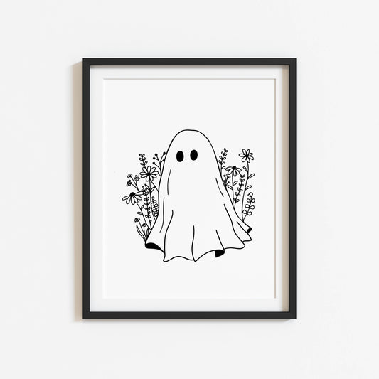 Floral ghost line drawing illustration spooky halloween unframed wall art poster print