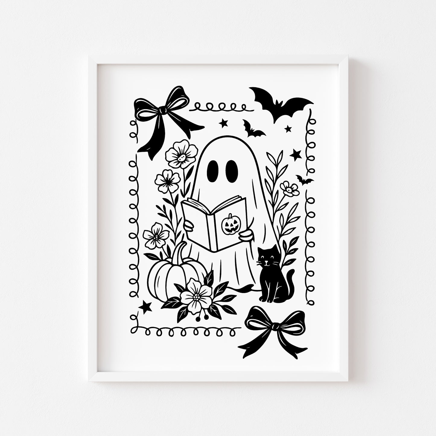 Halloween prints, spooky monochrome black & white ghost skeleton coffee book reading seasonal halloween unframed wall art poster prints