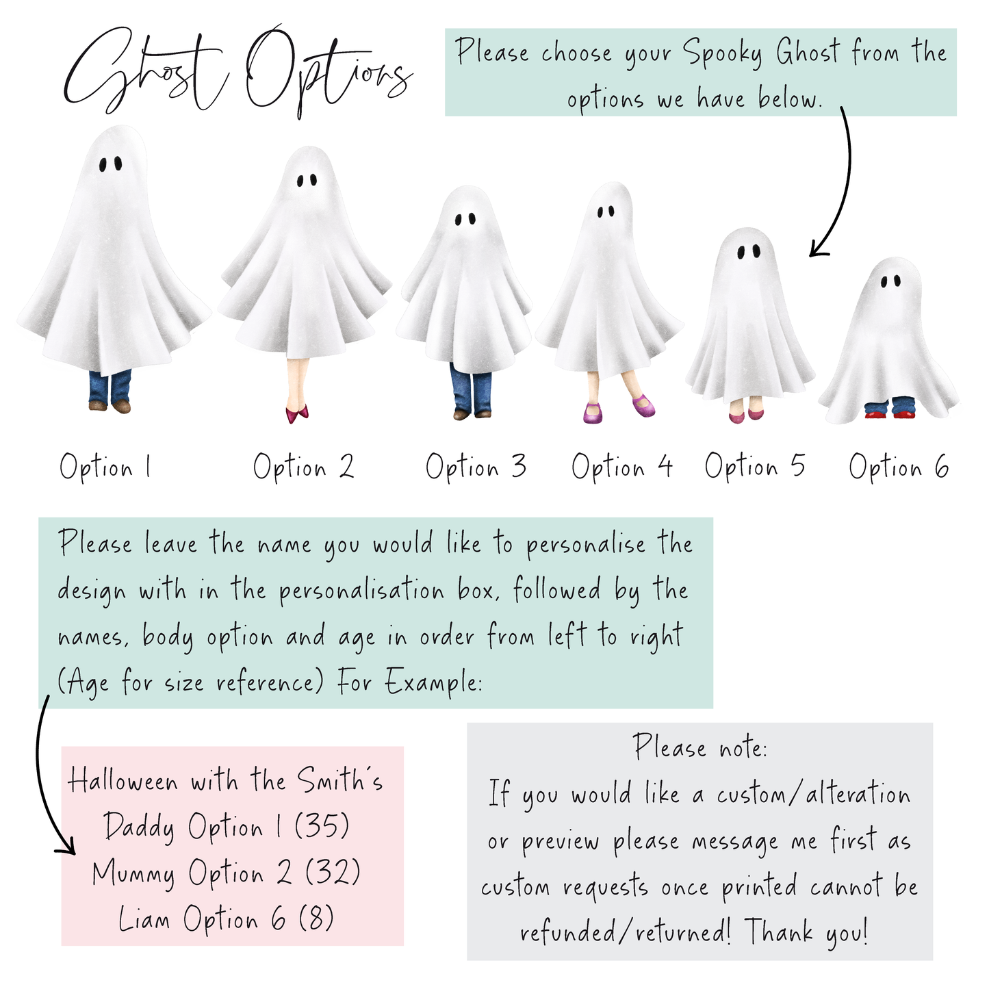 Family spooky ghost personalised print, choose your own, halloween costumes seasonal personalised unframed wall art poster print, ghosts art