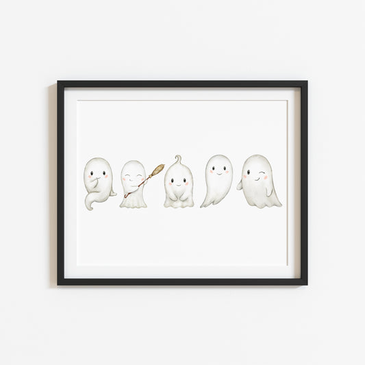 Cute spooky ghosts watercolour illustration landscape seasonal unframed wall art poster print