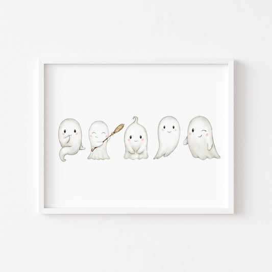 Cute spooky ghosts watercolour illustration landscape seasonal unframed wall art poster print