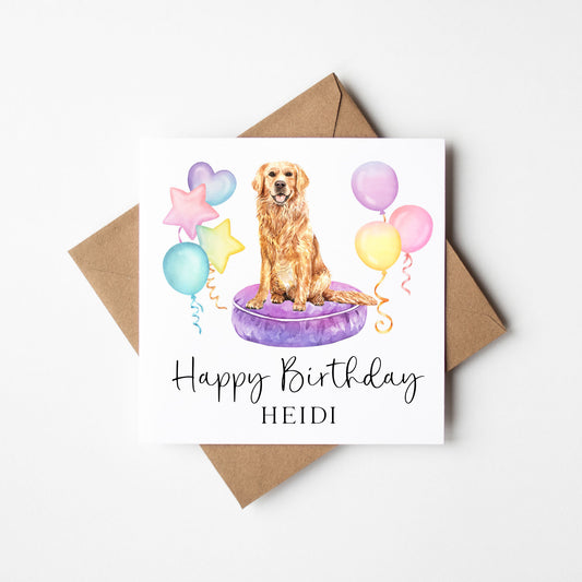 Personalised Golden Retriever Birthday card, custom dog & balloons Retriever lover birthday card