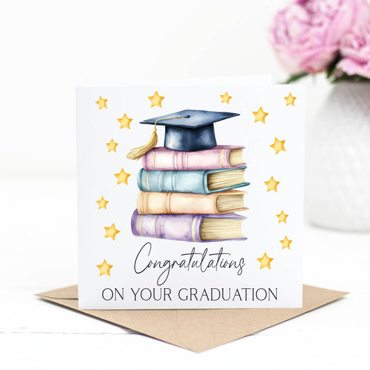 Graduation card, congratulations on your graduation graduation cap book stack star pretty congrats card congrats grad card with envelope