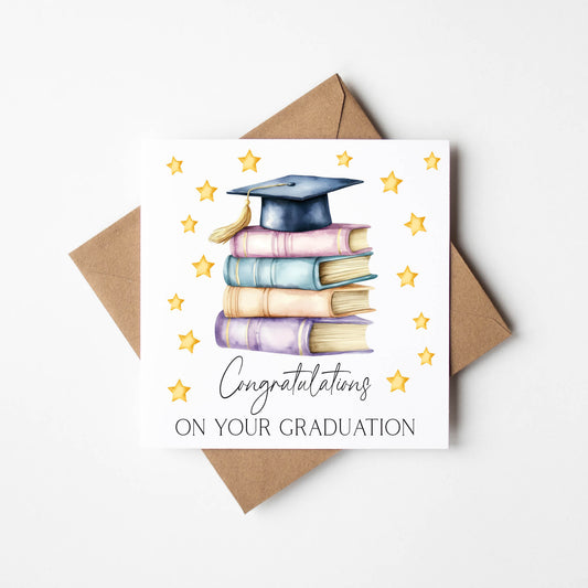 Graduation card, congratulations on your graduation graduation cap book stack star pretty congrats card congrats grad card with envelope