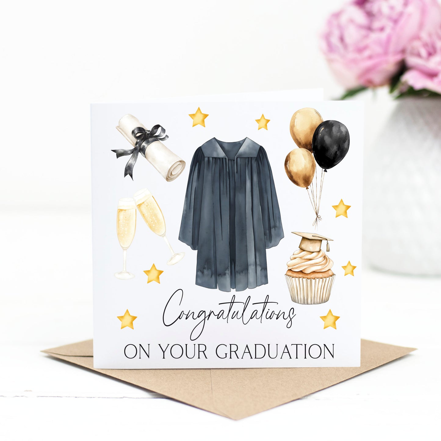 Graduation card congratulations on your graduation cupcake stars black bow certificate gown & balloons graduation card with envelope