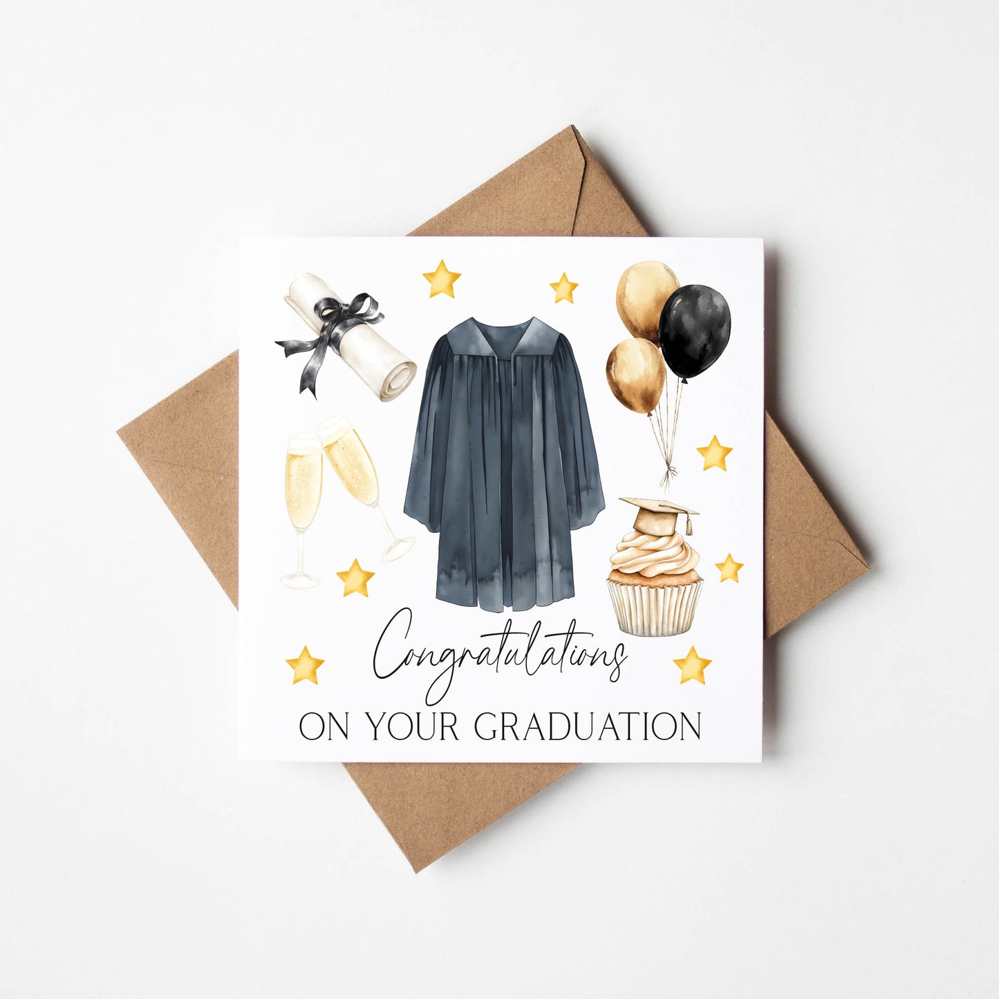 Graduation card congratulations on your graduation cupcake stars black bow certificate gown & balloons graduation card with envelope