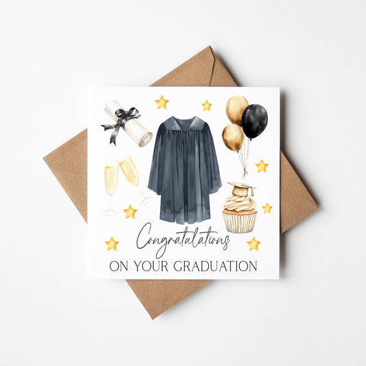 Graduation card congratulations on your graduation cupcake stars black bow certificate gown & balloons graduation card with envelope