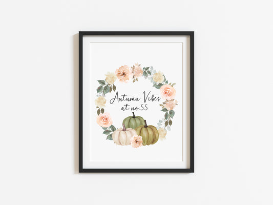 Autumn Vibes at no. floral green & cream pumpkins watercolour seasonal unframed wall art poster print