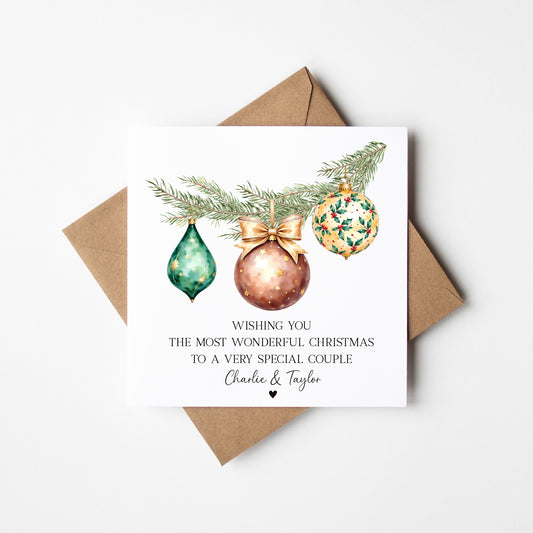Christmas Card Festive Bauble decorations brown & green personalised with names
