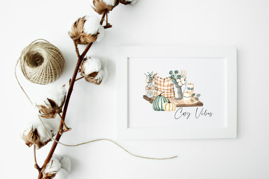 Cosy Vibes, home scene teal autumn watercolour seasonal landscape fall hallway unframed wall art poster print