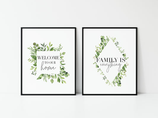 Set of 2 welcome to our home, family is everything green wreath set of home bedroom hallway unframed wall art poster prints