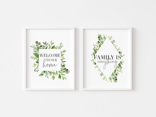 Set of 2 welcome to our home, family is everything green wreath set of home bedroom hallway unframed wall art poster prints