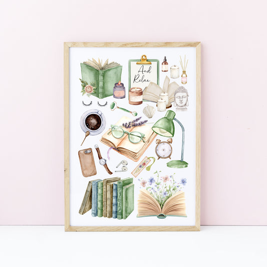 Bedroom Book print, relaxing, candles, wellness reading coffee mood board style Wall Art (unframed)