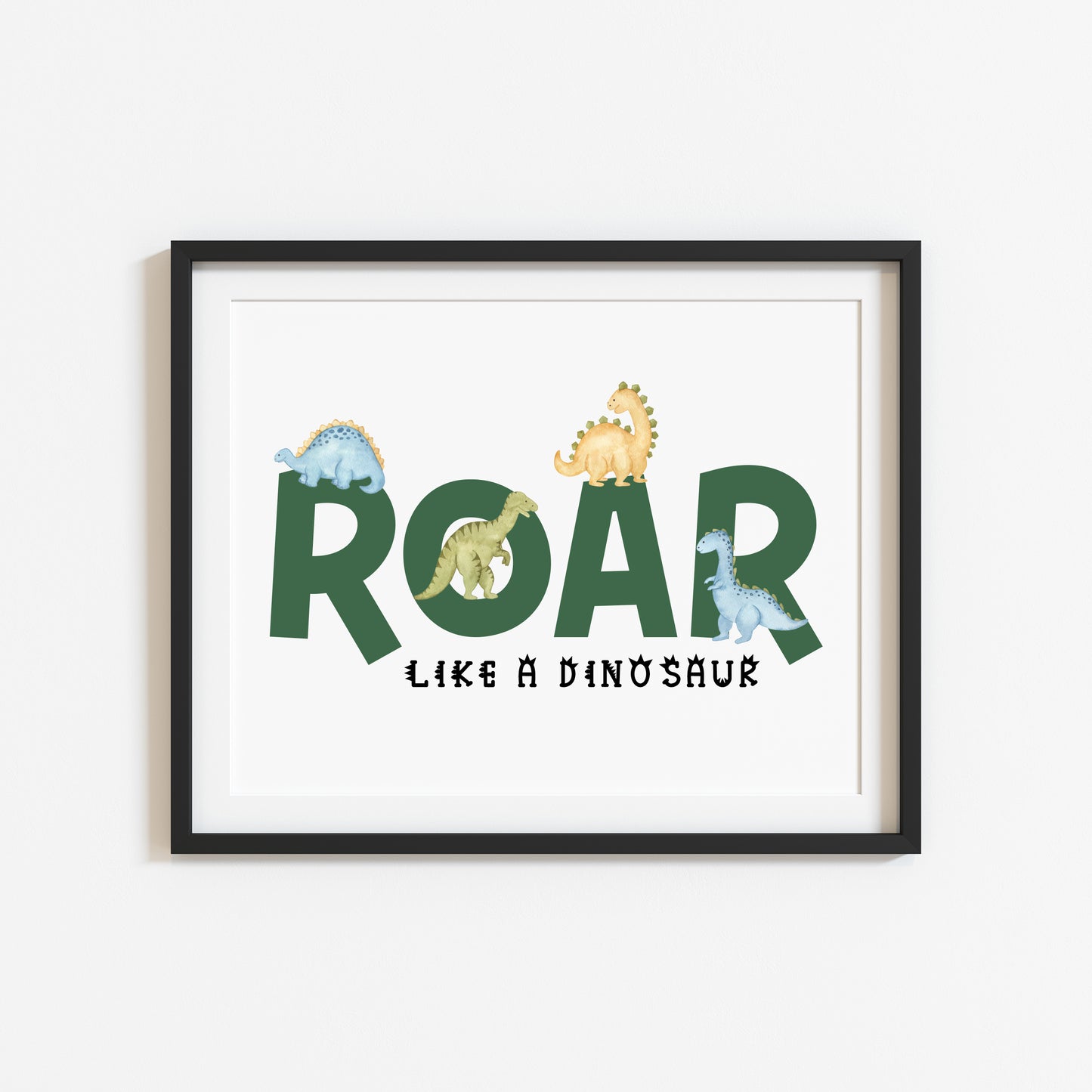 Roar Green dinosaur blue and green boys girls dinosaur watercolour bedroom unframed wall art poster print