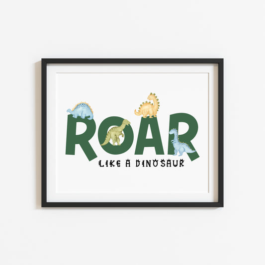 Roar Green dinosaur blue and green boys girls dinosaur watercolour bedroom unframed wall art poster print
