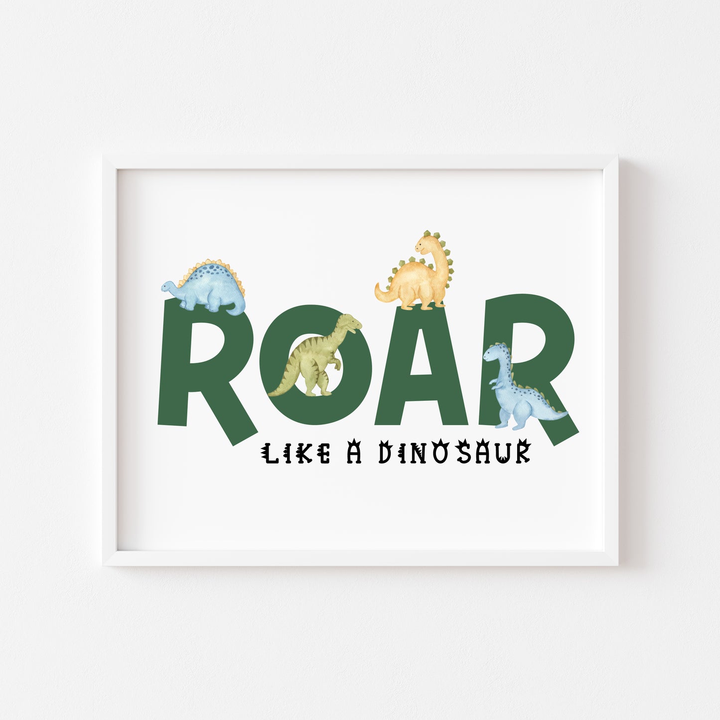 Roar Green dinosaur blue and green boys girls dinosaur watercolour bedroom unframed wall art poster print
