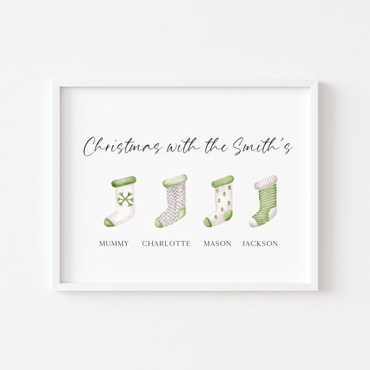 Personalised Christmas stocking family print green,grey & white stockings winter watercolour wreath unframed wall art poster print