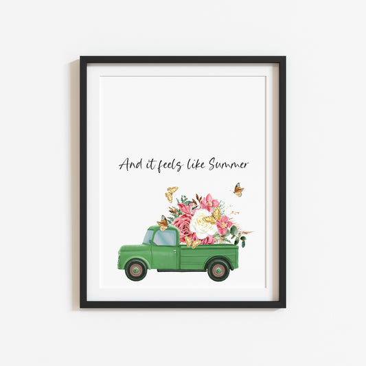 And it feels like summer watercolour green floral truck and butterflies home summer unframed wall art poster print