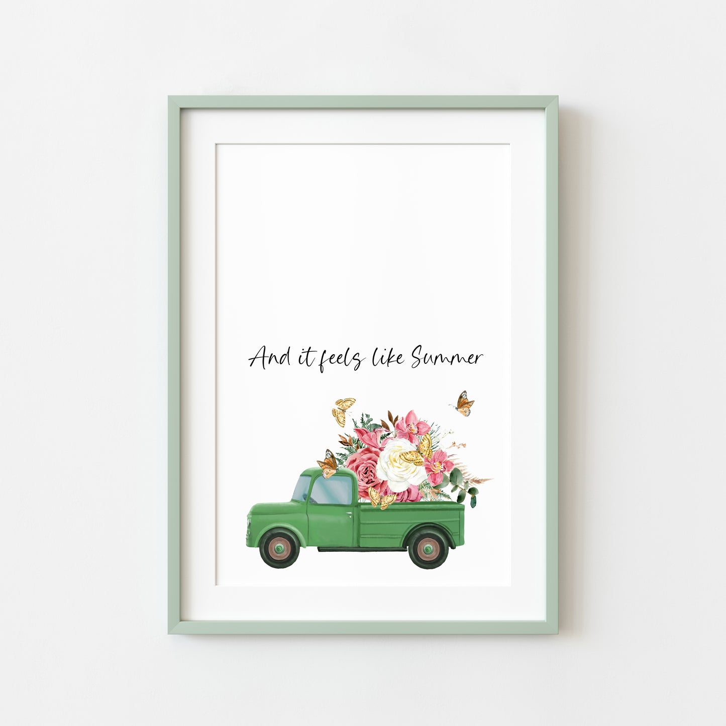 And it feels like summer watercolour green floral truck and butterflies home summer unframed wall art poster print