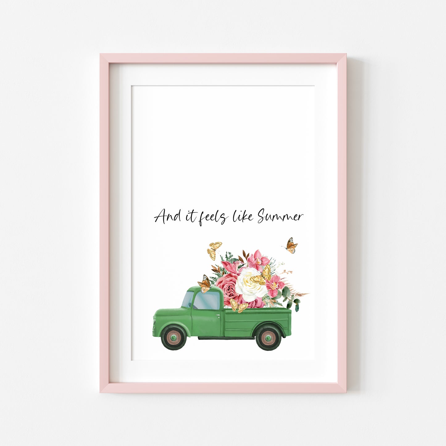 And it feels like summer watercolour green floral truck and butterflies home summer unframed wall art poster print