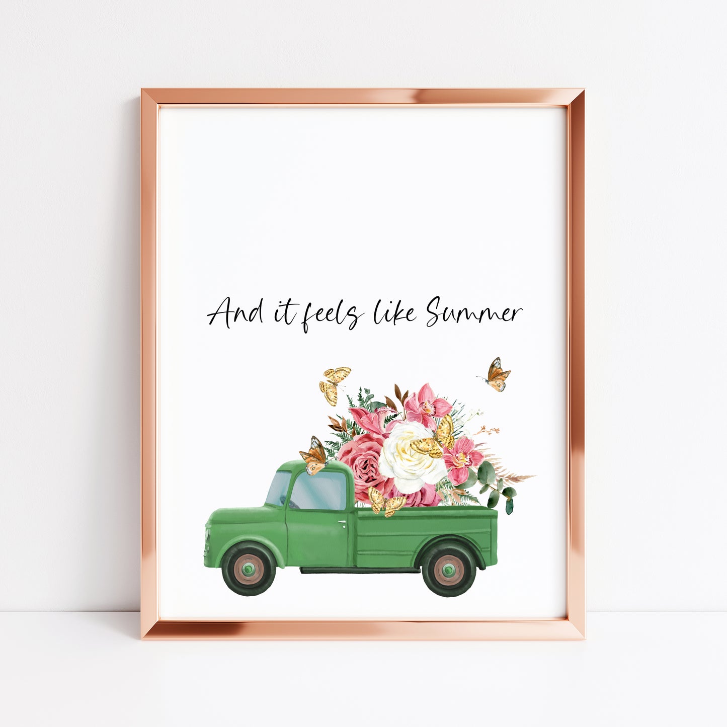 And it feels like summer watercolour green floral truck and butterflies home summer unframed wall art poster print