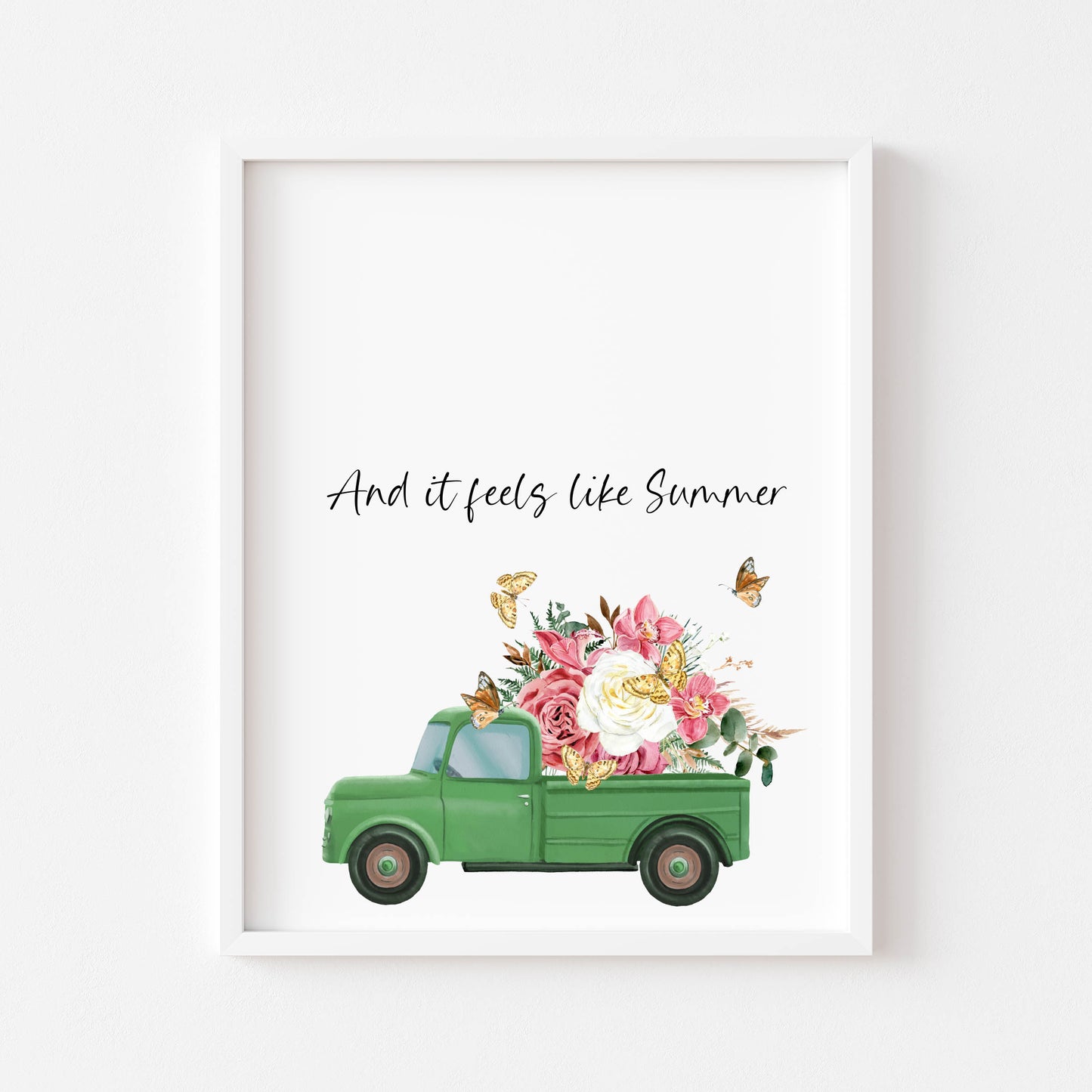 And it feels like summer watercolour green floral truck and butterflies home summer unframed wall art poster print