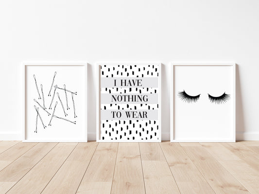 Set of 3 prints, I have nothing to wear grey eyelashes and bobby pins borderless unframed prints