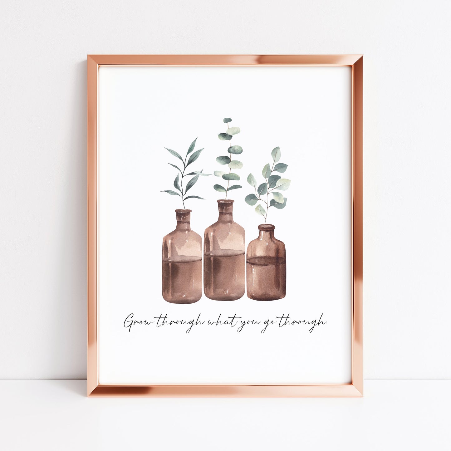 Grow through what you go through watercolour bottled plants style unframed wall art poster print