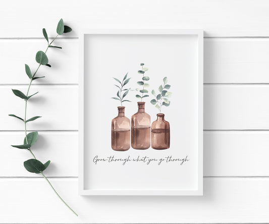 Grow through what you go through watercolour bottled plants style unframed wall art poster print