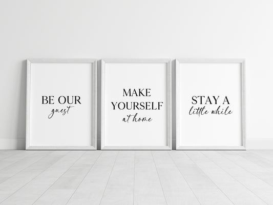 Set of 3 home prints, Welcome to our home, be our guest, stay a while home bedroom unframed wall art prints