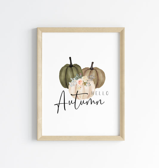 Hello Autumn Pumpkin trio dark green & cream floral watercolour seasonal unframed wall art poster print