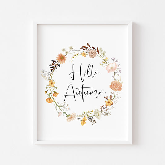Hello Autumn floral autumnal flowers wreath fall unframed wall art poster print