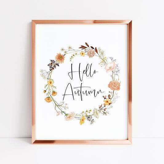 Hello Autumn floral autumnal flowers wreath fall unframed wall art poster print