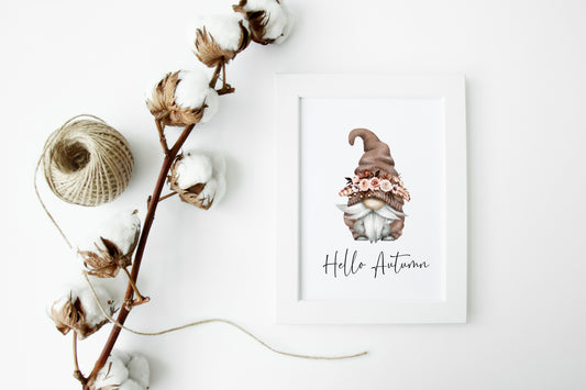 Hello Autumn boho gonk gnome floral brown beige watercolour unframed wall art poster print