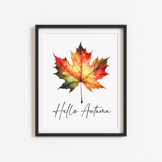 Hello Autumn orange red autumn leaf watercolour seasonal home unframed wall art poster print