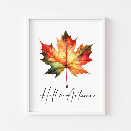 Hello Autumn orange red autumn leaf watercolour seasonal home unframed wall art poster print