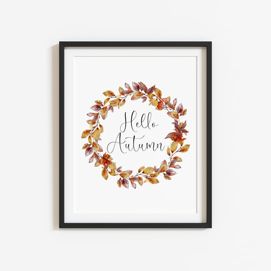 Hello Autumn fall leaves foliage wreath watercolour seasonal unframed wall art poster print