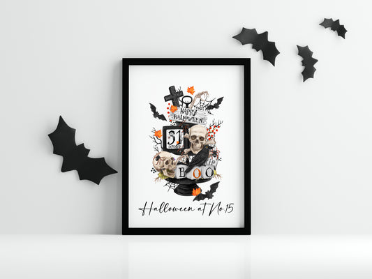 Halloween at no.15 personalised house number halloween spooky halloween unframed print, halloween home decor, halloween tray, halloween art