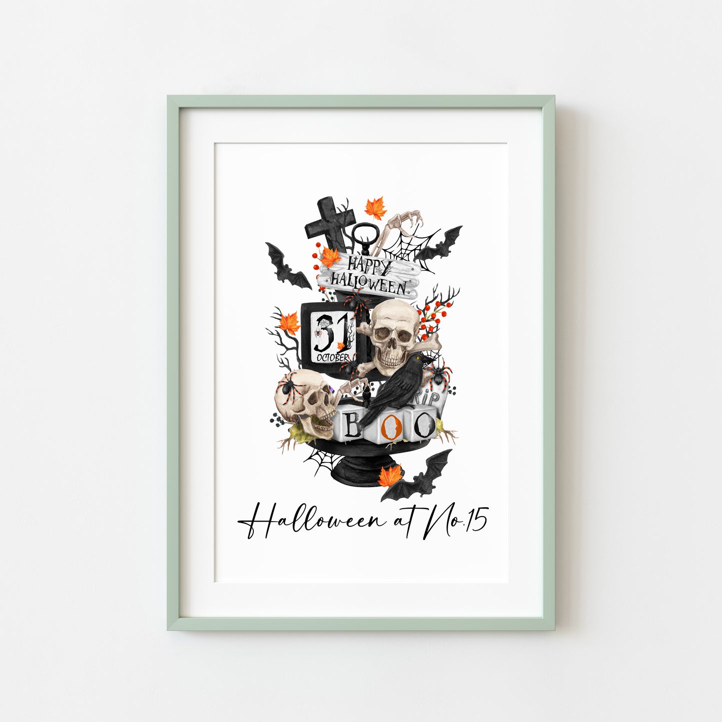 Halloween at no.15 personalised house number halloween spooky halloween unframed print, halloween home decor, halloween tray, halloween art
