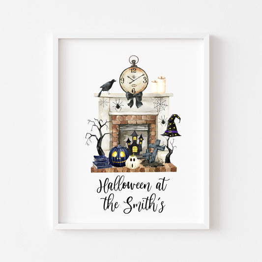 Halloween at the, spooky vibes at the personalised family halloween fireplace seasonal unframed wall art poster print