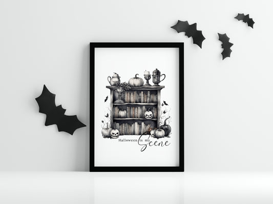 Halloween is my scene monochrome pumpkin scary witch watercolour bookcase seasonal celestial unframed wall art poster print