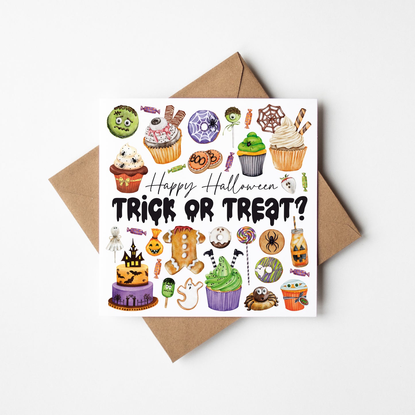 Halloween card, Happy Halloween trick or treat bright spooky fun sweet treat halloween sweets & bakes halloween seasonal card with envelope
