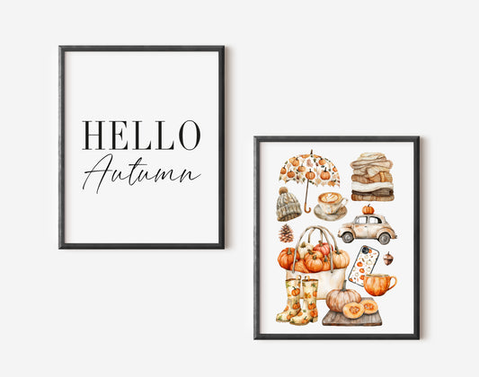 Set of 2 Autumn prints, Hello Autumn seasonal autumn favourites orange unframed wall art poster prints, seasonal decor, Autumn wall art set