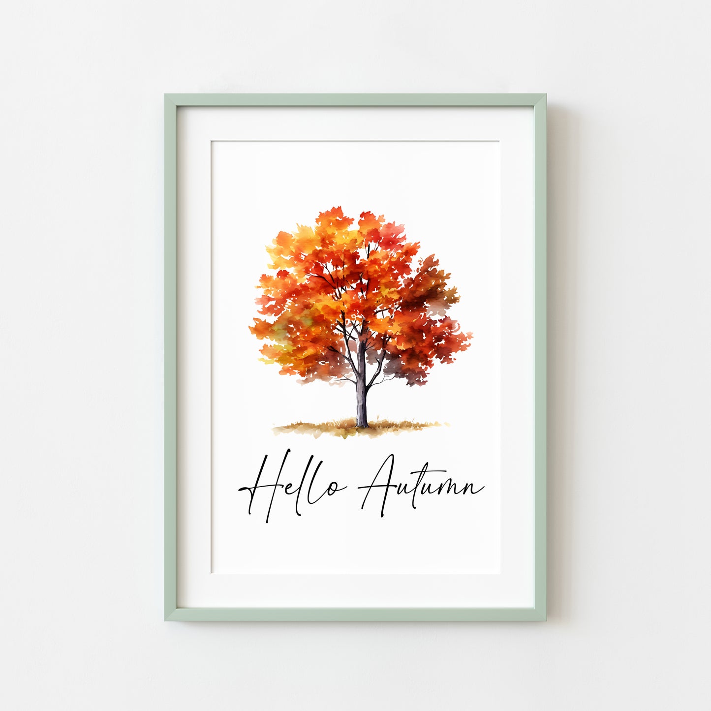 Hello Autumn orange red autumn tree watercolour seasonal home unframed wall art poster print