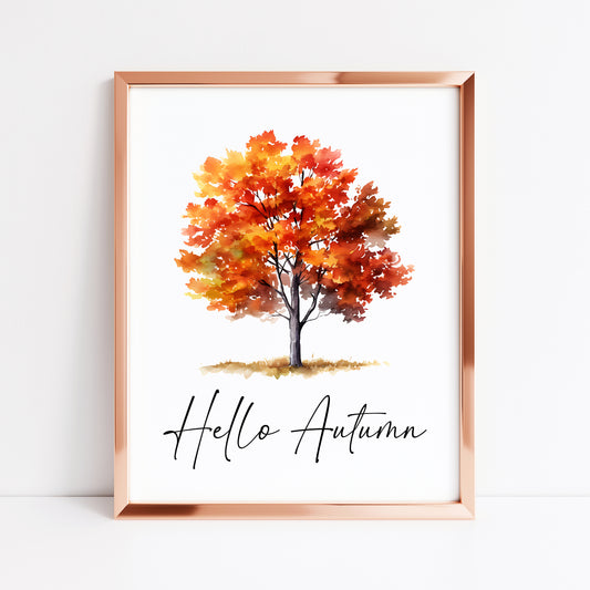 Hello Autumn orange red autumn tree watercolour seasonal home unframed wall art poster print