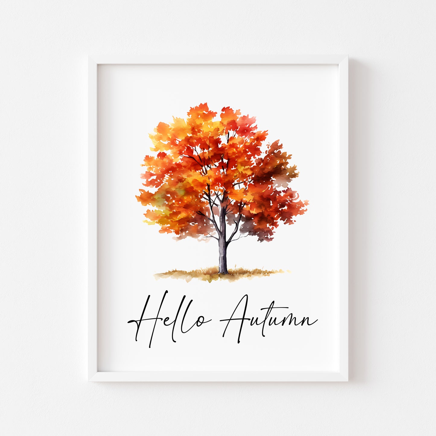 Hello Autumn orange red autumn tree watercolour seasonal home unframed wall art poster print