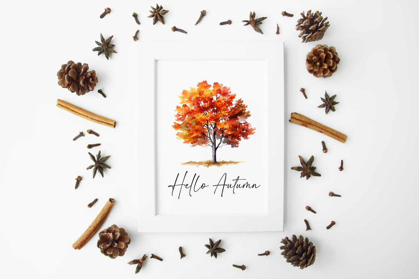Hello Autumn orange red autumn tree watercolour seasonal home unframed wall art poster print