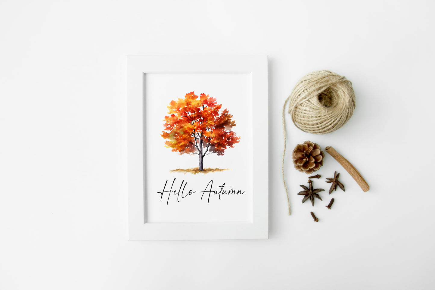 Hello Autumn orange red autumn tree watercolour seasonal home unframed wall art poster print